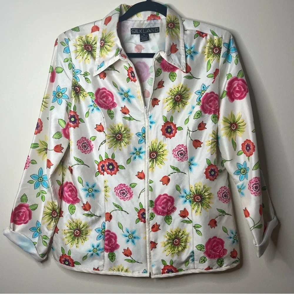 SILKLAND 100% Silk Beaded Spring Floral Lightweight Zip Jacket